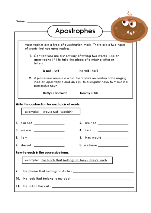 Apostrophe Worksheets Printable
