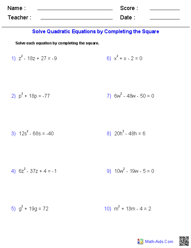 Solving Quadratic Equations By Completing The Square Worksheet Answers