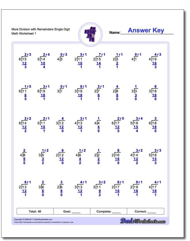 Basic Division Worksheets With Answers