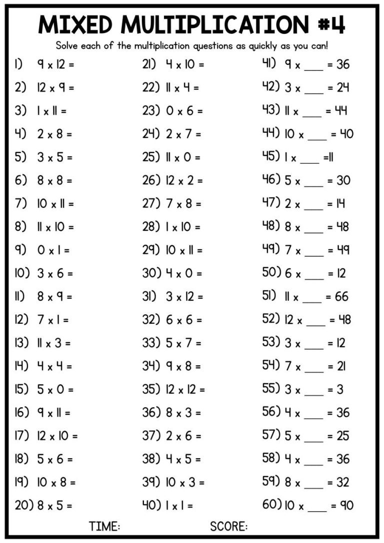 4 Times Table Worksheet With Answers