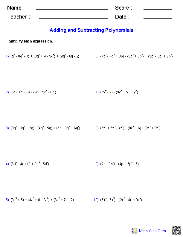 Adding And Subtracting Polynomials Worksheet Answer Key