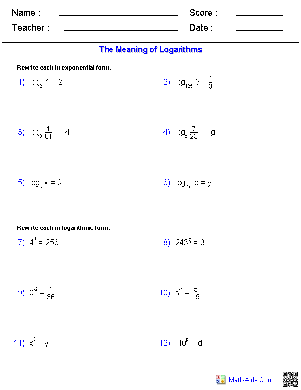 Logarithm Practice Worksheet