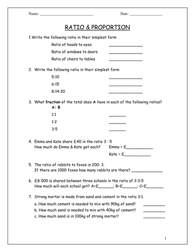 Ratio And Proportion Worksheets With Answers For Grade 7