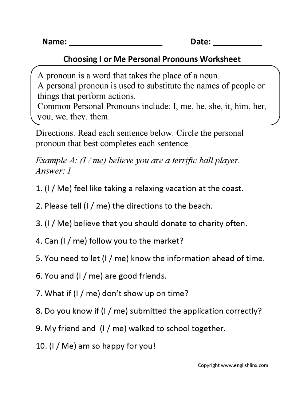 Personal Pronouns Worksheet For Grade 2