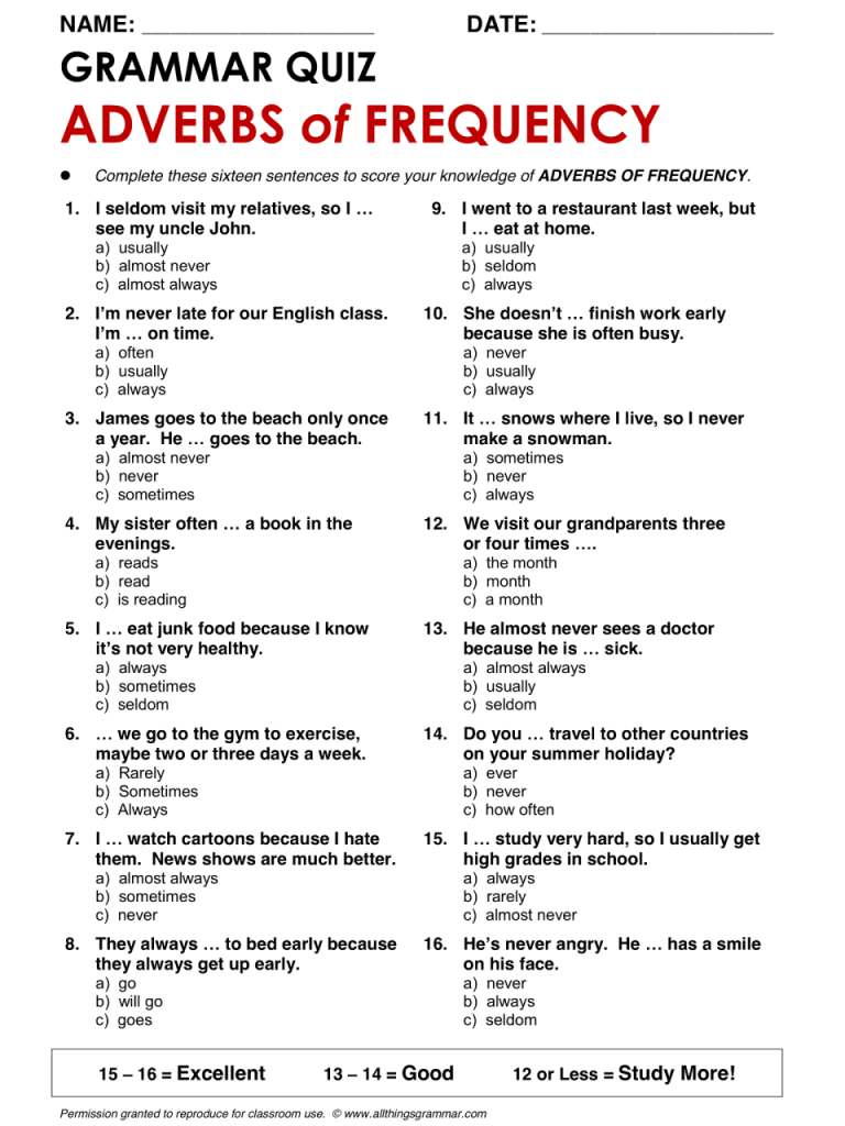 Grade 3 Adverbs Of Frequency Worksheet