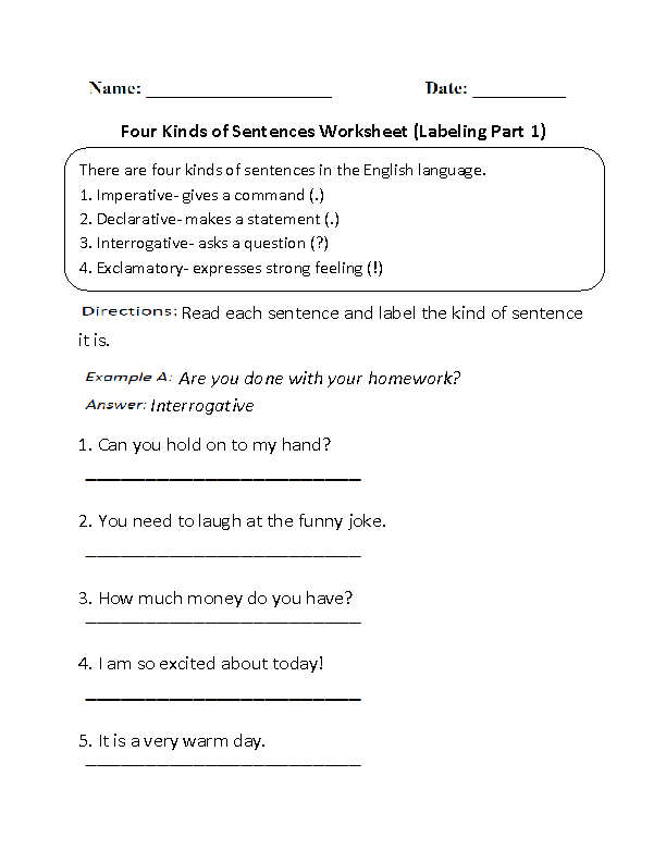 Fourth Grade Types Of Sentences Worksheets 4th Grade