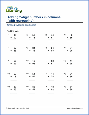 Math Worksheets Grade 2 Addition With Regrouping