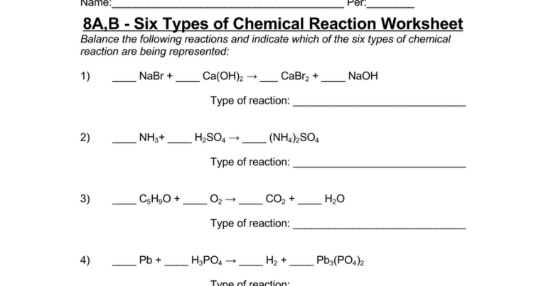 Chemical Reactions Worksheet Grade 8