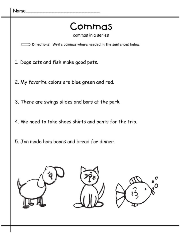 Comma Worksheets For 4th Grade