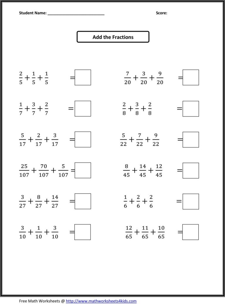 Math Worksheets Grade 4 Fractions