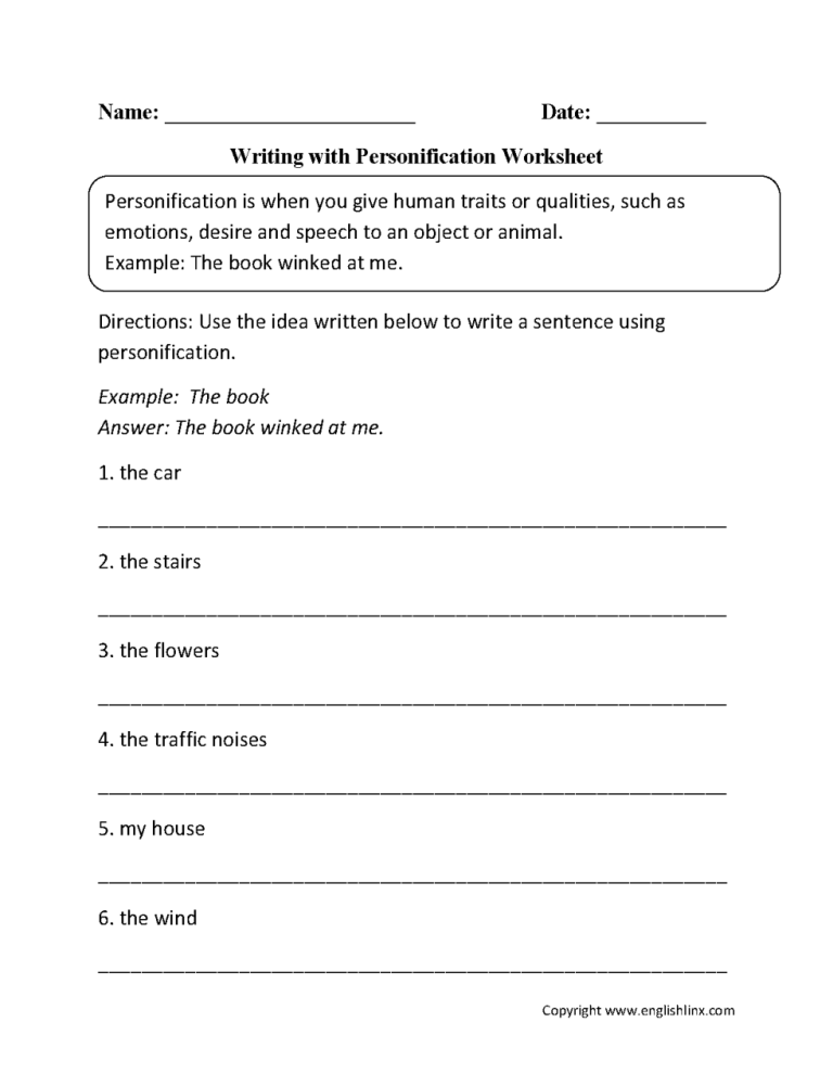Personification Worksheets Pdf