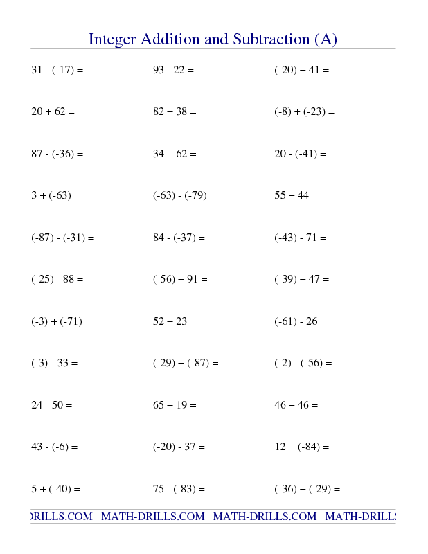Printable Adding And Subtracting Integers Worksheet