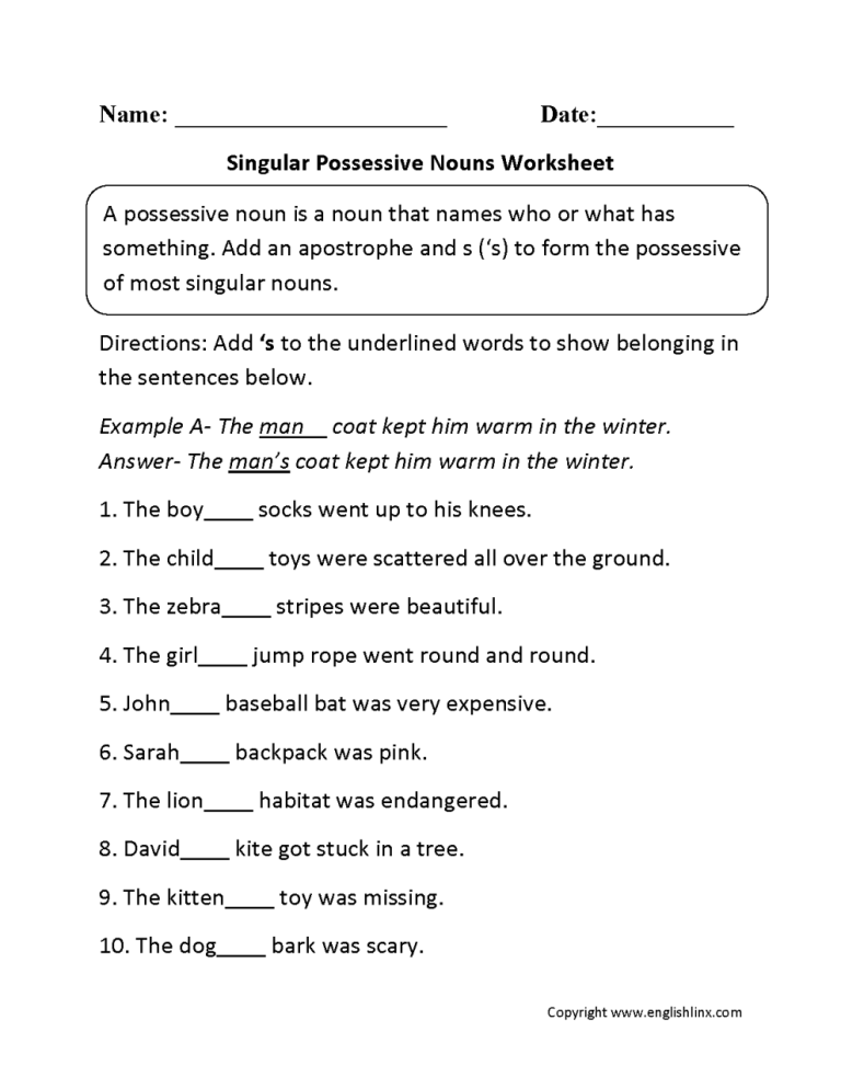 Class 4 Possessive Pronouns Worksheet With Answers