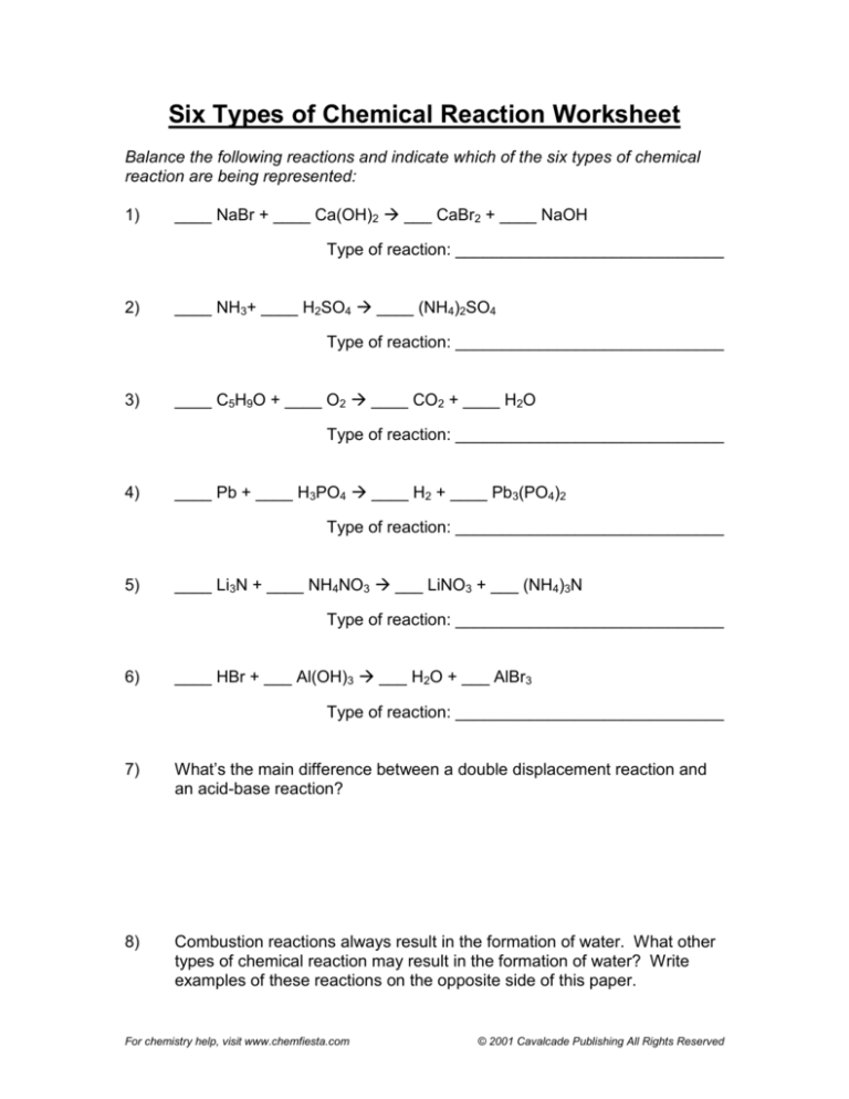 Chemical Reactions Worksheet With Answers