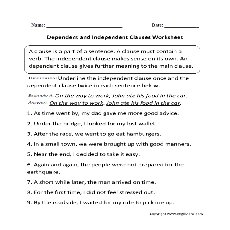 7th Grade Independent And Dependent Clauses Worksheet