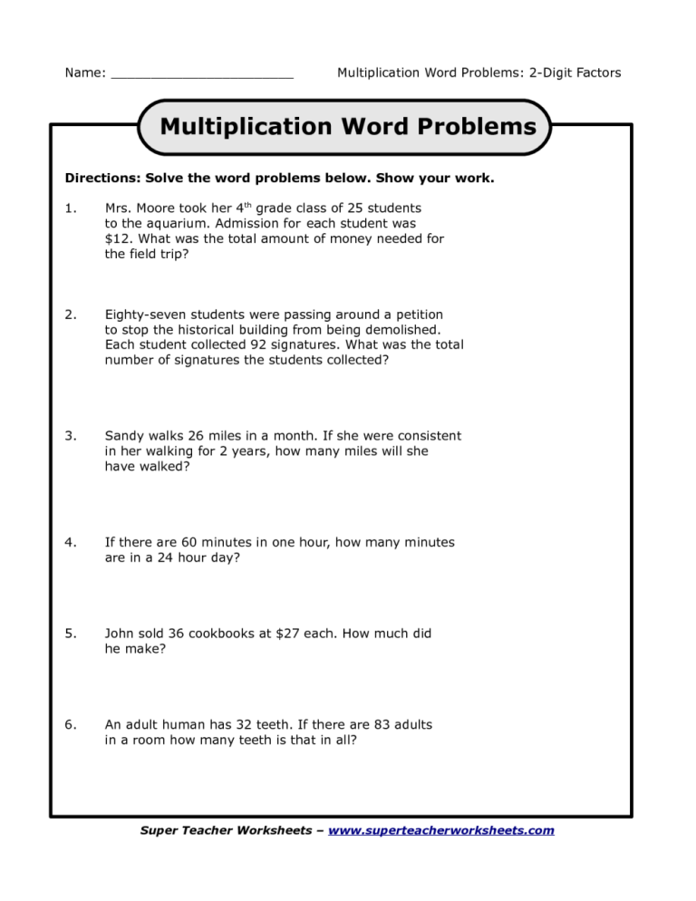 4th Grade Math Word Problems Worksheets Pdf Free