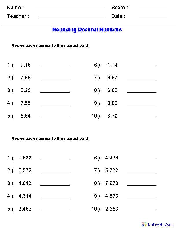 Decimals Worksheets Grade 5