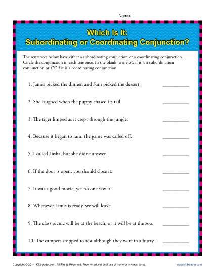 Subordinating Conjunctions Worksheet For Grade 4