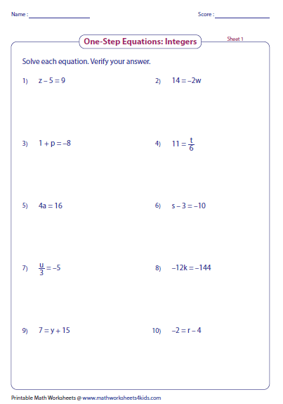 One And Two Step Equations Worksheet Answers