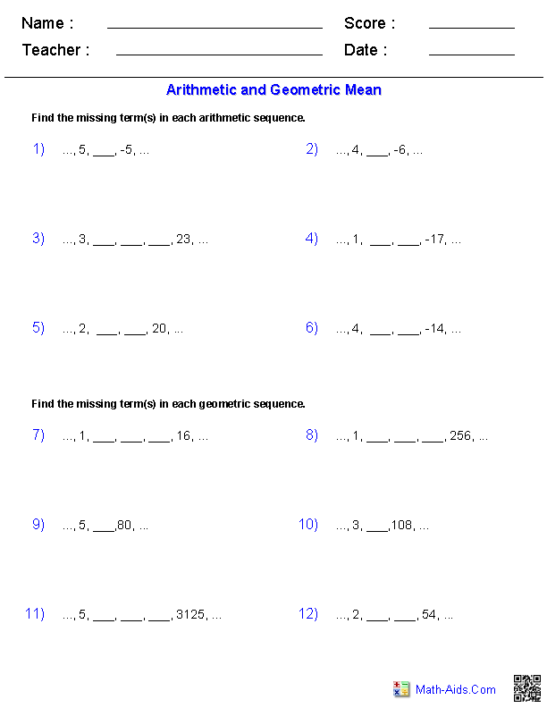 Arithmetic Sequence Worksheet Algebra 1