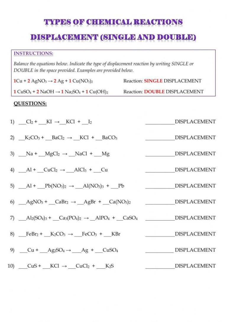 Types Of Reactions Worksheet Answers