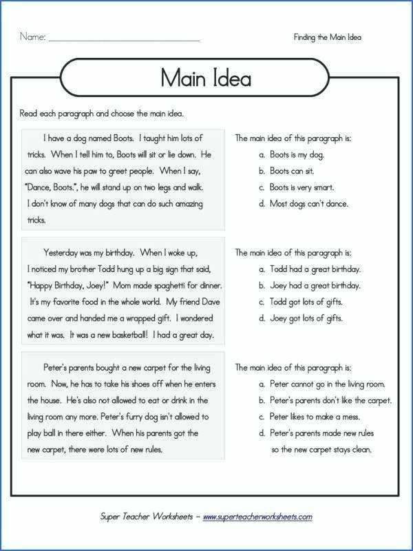 2nd Grade Main Idea Worksheets 1st Grade Free