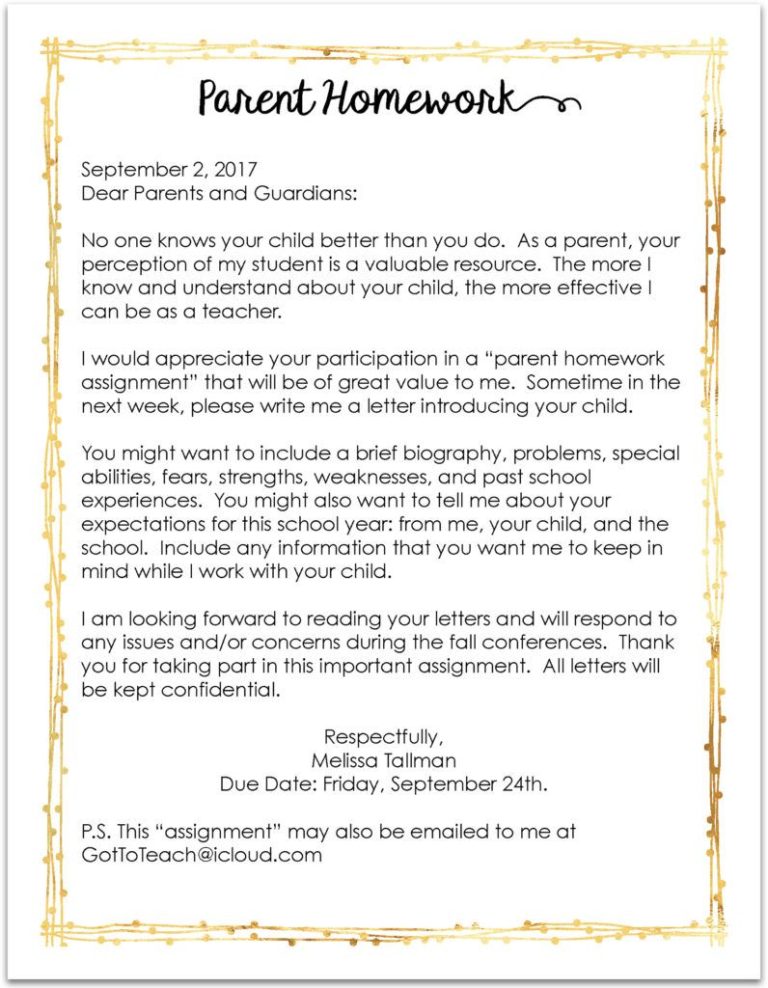 nightly kindergarten homework letter to parents