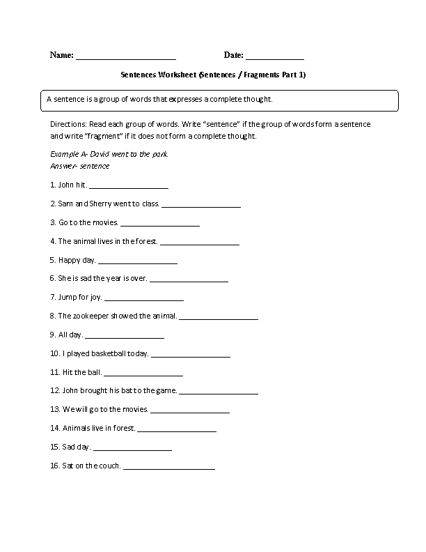 Sentence Fragment Worksheets Grade 2