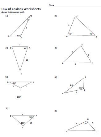 Law Of Cosines Worksheets Answer To The Nearest Tenth