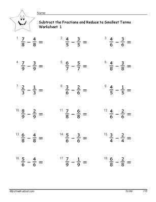 Subtracting Fractions Worksheets With Like Denominators
