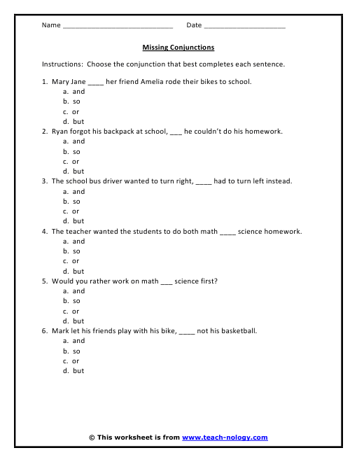 Conjunction Worksheets For Grade 6