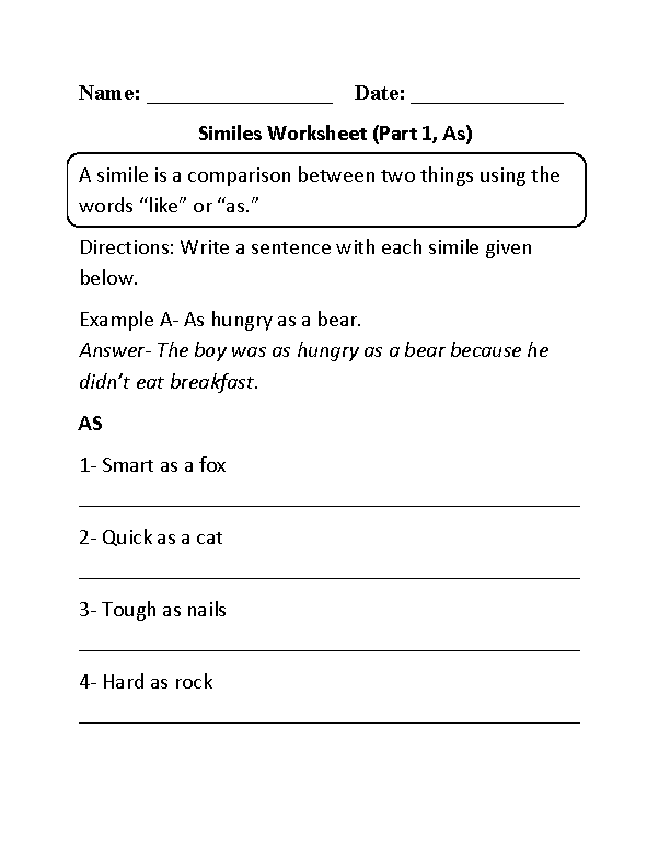 Similes Worksheet With Answers