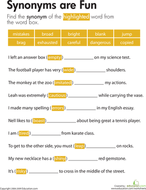 Synonyms Worksheet With Answers