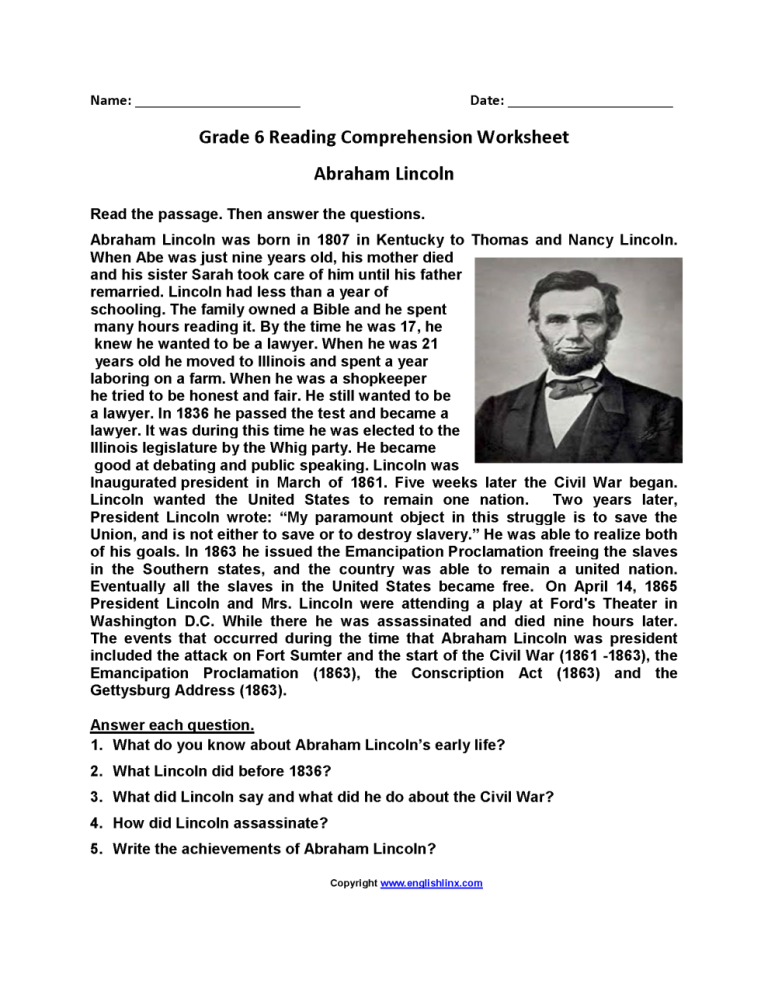 Reading Comprehension Worksheets Pdf Grade 6