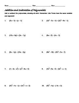 Adding And Subtracting Polynomials Worksheet Grade 9