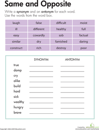 Antonyms Worksheet 3rd Grade