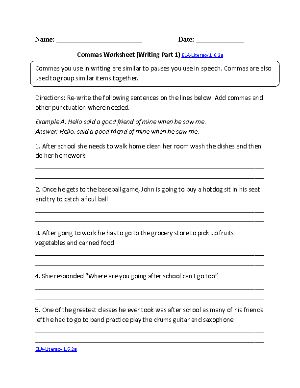 Comma Worksheets 6th Grade
