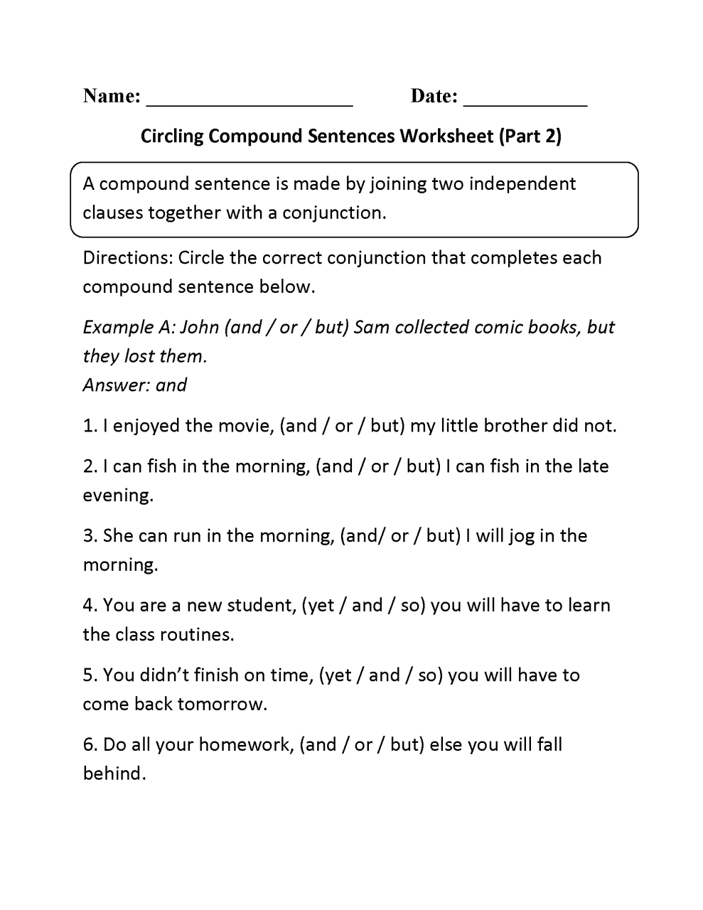 Compound Sentences Worksheet 6th Grade