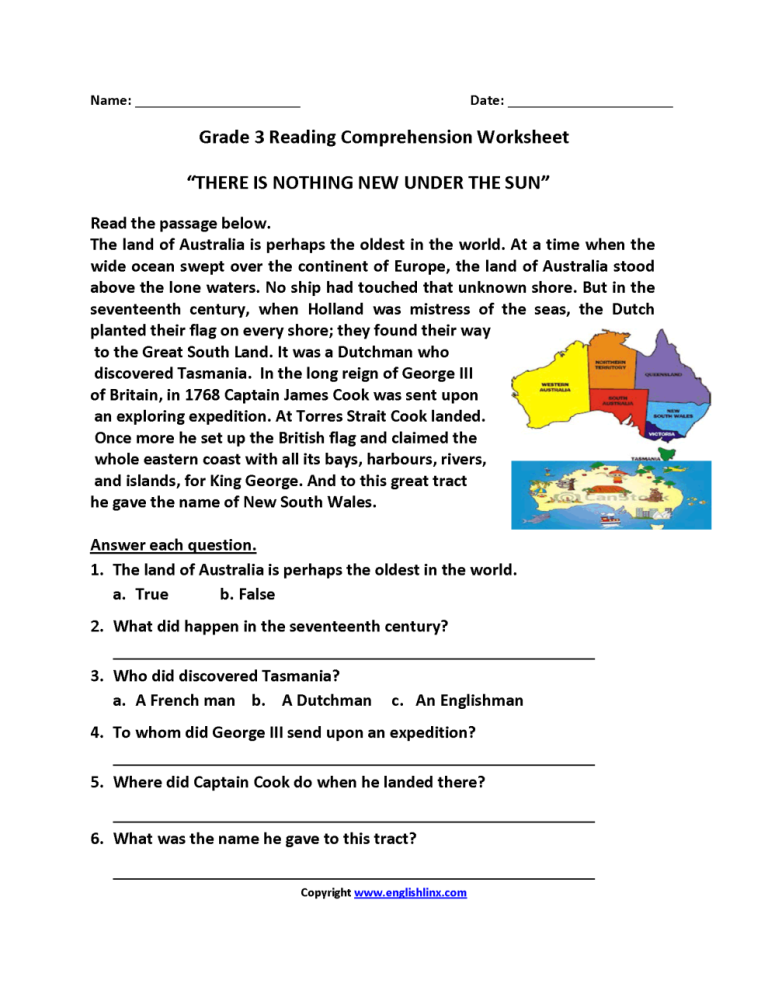 Reading Comprehension Free Printable Worksheets For 3rd Grade