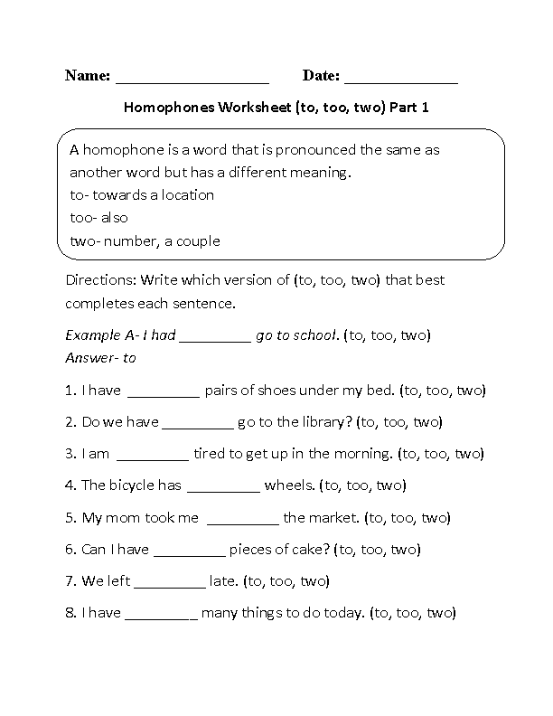 3rd Grade Homophones Sentences Worksheet
