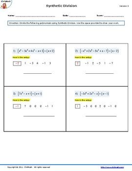Synthetic Division Worksheet