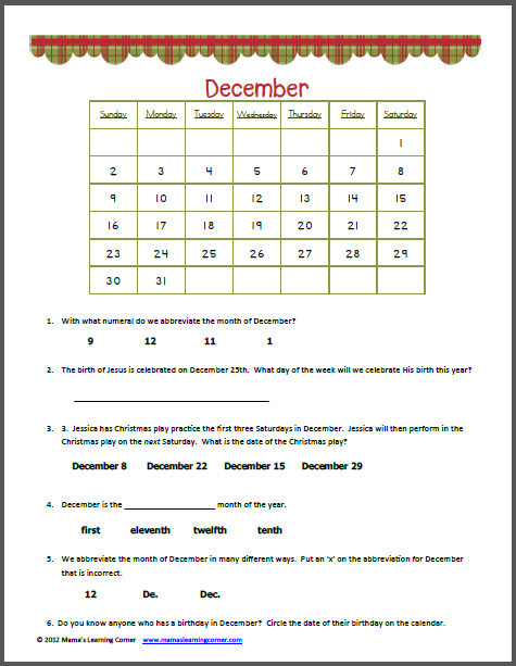 Calendar Worksheets For Kids