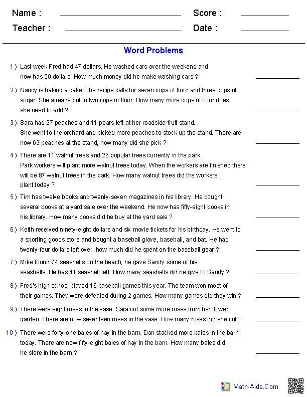 Math Aids Word Problems Answers