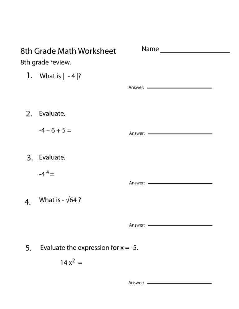 Free Printable Answer Key 8th Grade Math Worksheets