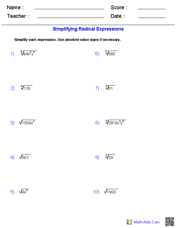 Adding And Subtracting Radicals Worksheet Answer Key Algebra 2