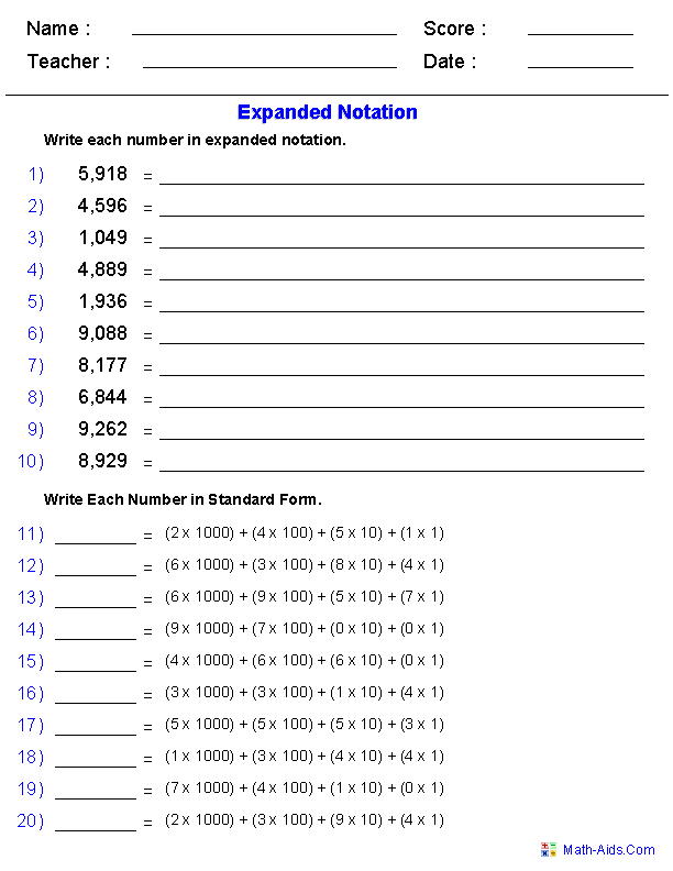 Expanded Notation Worksheets 4th Grade