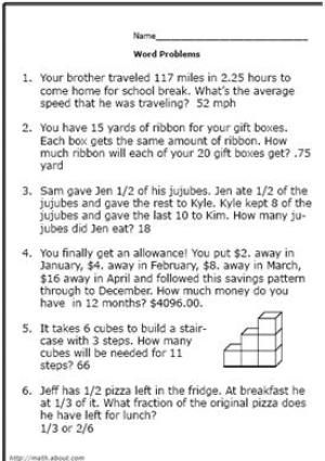 Fractions Worksheets Grade 6 Word Problems With Answers