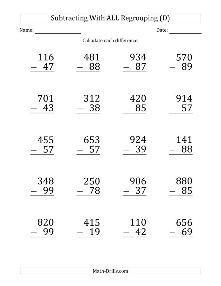 Subtraction Worksheets For Grade 2 Without Regrouping