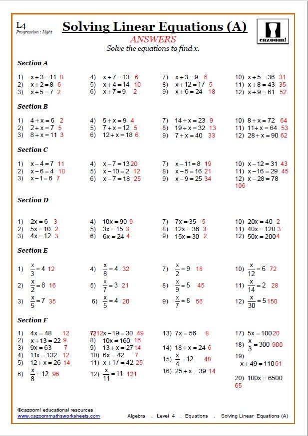 Solving Equations Worksheets Easy