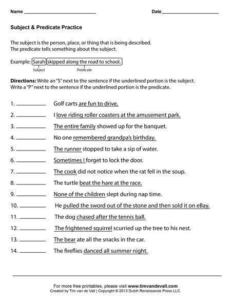 Simple Subject And Predicate Worksheets With Answers